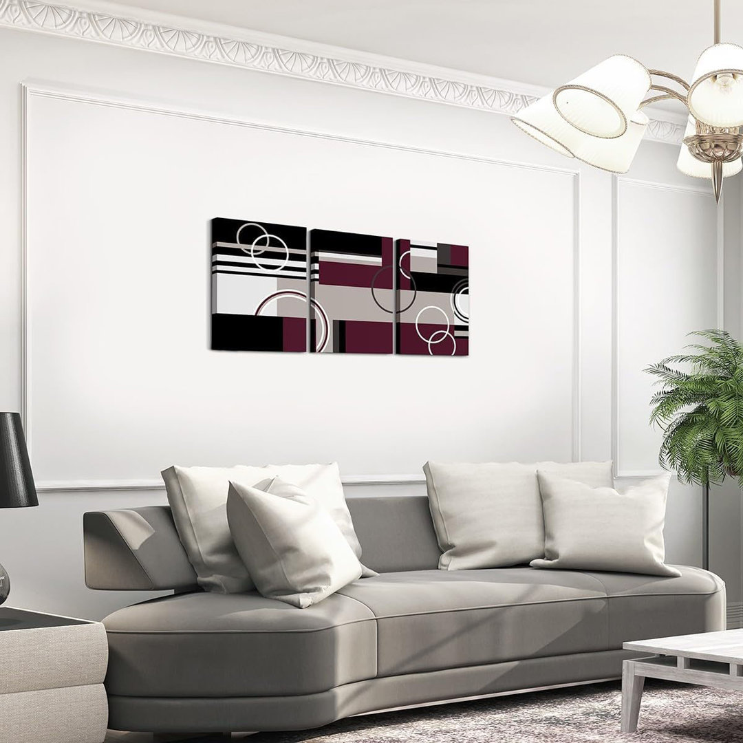 3 Piece Modern Purple Grey Black Stripe Wall Decor Geometric Framed Canvas Prints 12X16 Retro Circle Swirls Canvas Wall Art Bedroom Decor Abstract Tex