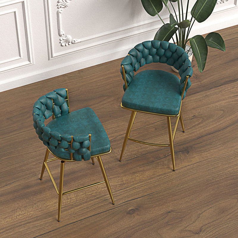 Bar Stool Set, Set Of 2 360 Swivel Comfortable Upholstered Counter Height Chairs, Blue Seat/Gold Frame
