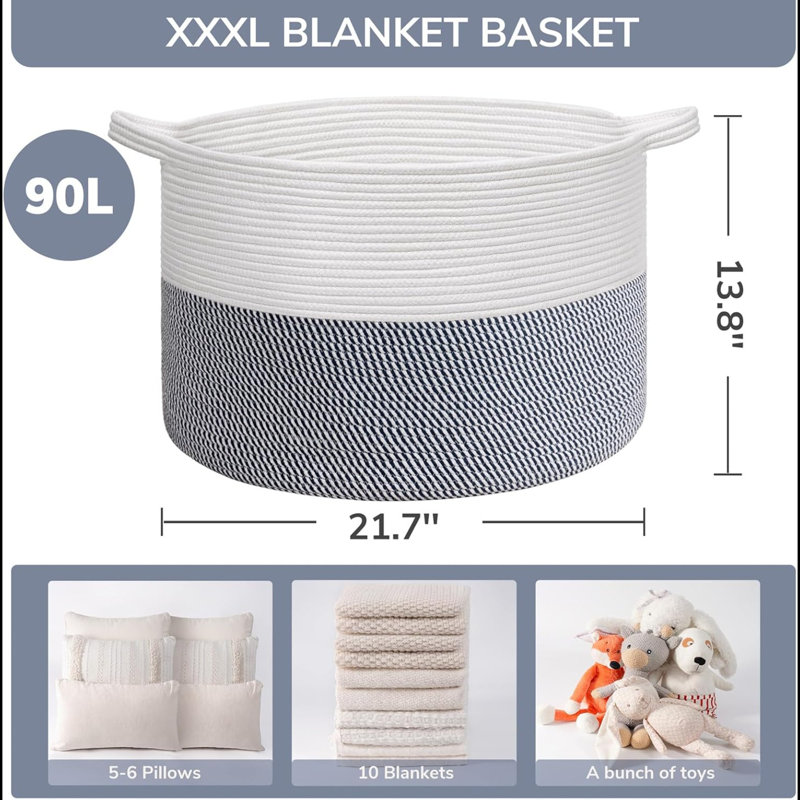 Extra Large Woven Baskets For Storage, 21.7'' X 13.8'' Wicker Basket With Handle For Blankets, Big Laundry Baskets For Clothes, Pillows, Towel, Shoe Basket For Entryway, 90L Jute