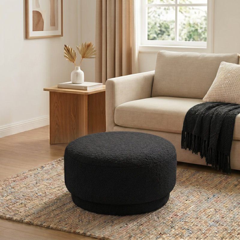 Round Upholstered Ottoman, Black