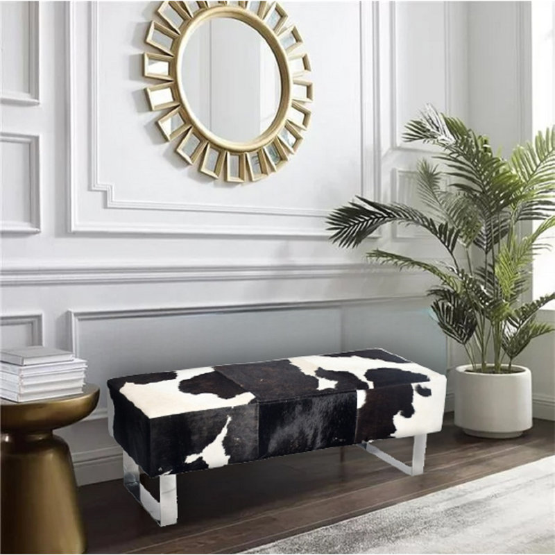 Modern Black and White Cowhide Leather Bench, Black/White, Chrome