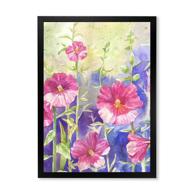 «Blossoming Pink Wildflowers», art mural sur toile traditionnel, Impression noire sur toile encadrée