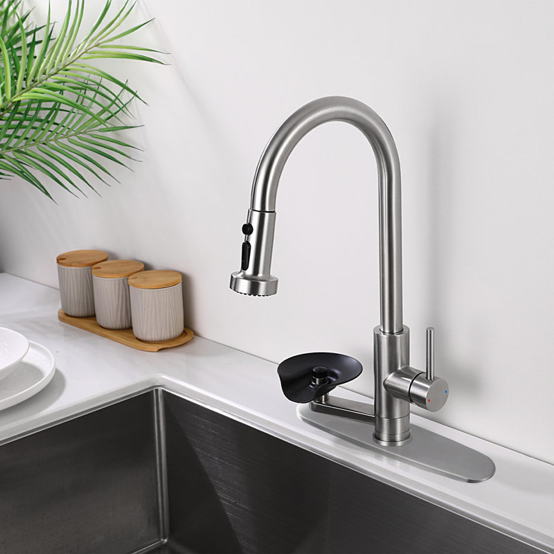 3-in-1 Kitchen Faucet with Press-Type Glass Rinser, High-Arc Pull-Down Sprayer Faucet, 3 Function Spray Mode, Brushed Nickel Finish, for Modern Kitchen Sink