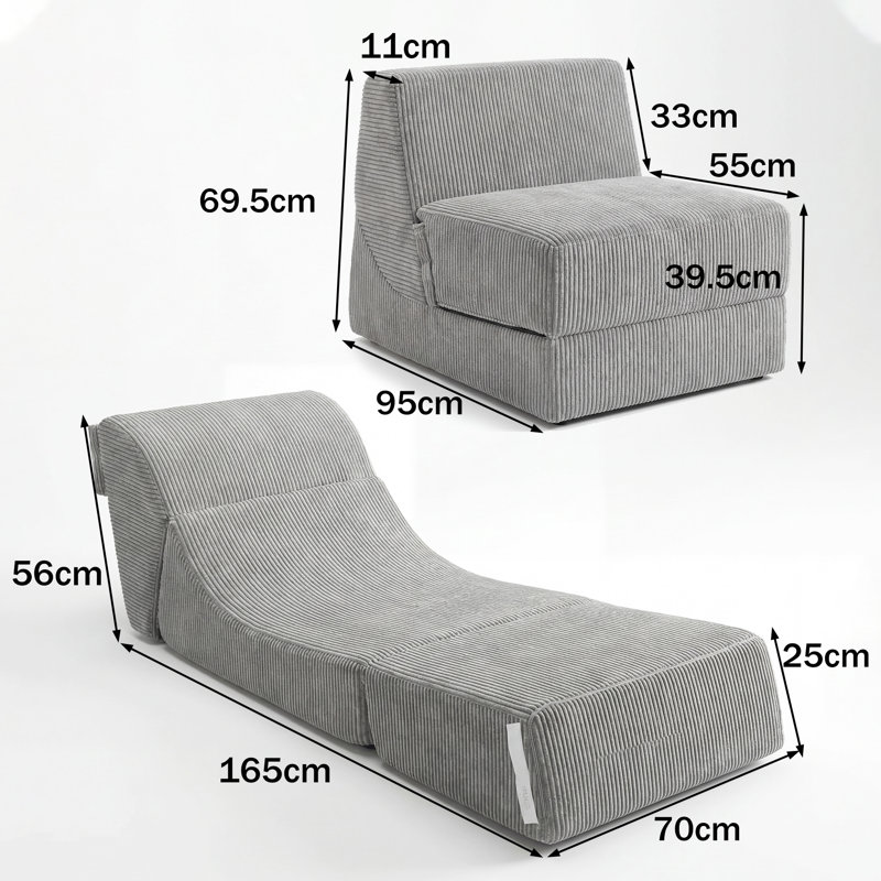 Foldable Corduroy Floor Lounge Chair with Adjustable Armrests - Convertible Sleeper Chair - Grey
