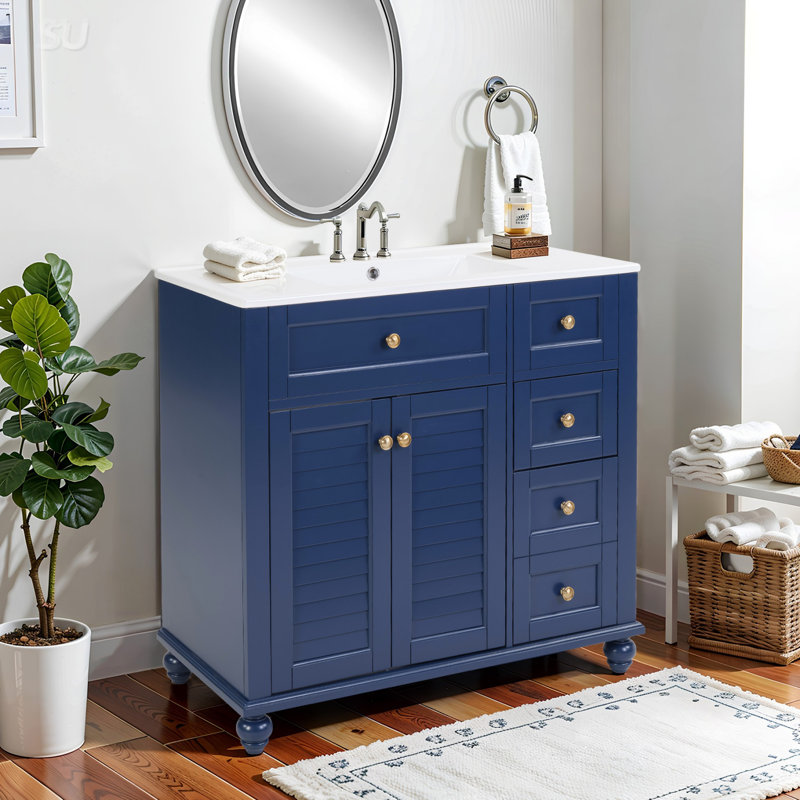 Meuble-lavabo bleu 36 po avec lavabo en céramique et rangement multi-organisateur, tiroirs à fermeture en douceur, structure en bois massif, 92 x 47 x 86 cm