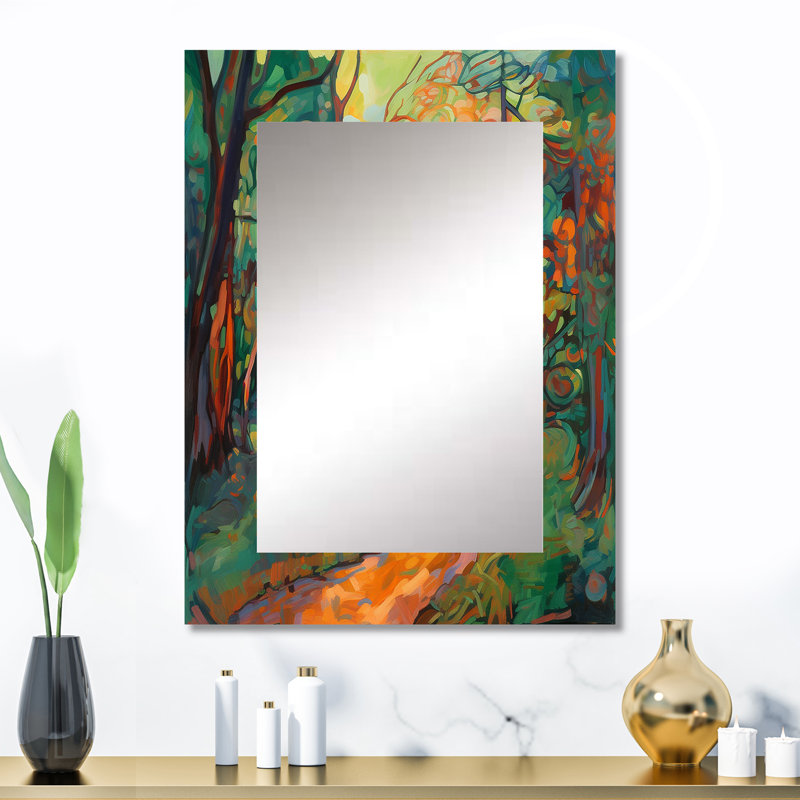 Lumière du soleil à travers les arbres dans la forêt d'automne II - miroir de forêt, miroir mural décoratif traditionnel, impression d'art en métal