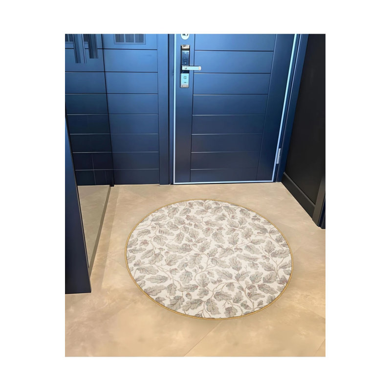 Beige Floral Patterned Round Woven Base Modern Decorative Carpet, Round 5'
