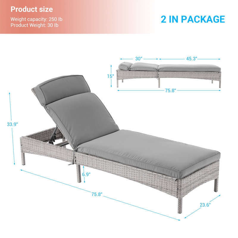 2-Piece Patio Lounge Sofa Adjustable Angles Outdoor Thick Waterproof Cushion Steel Frame Suitable for Backyard, Patio and Porch, Grey