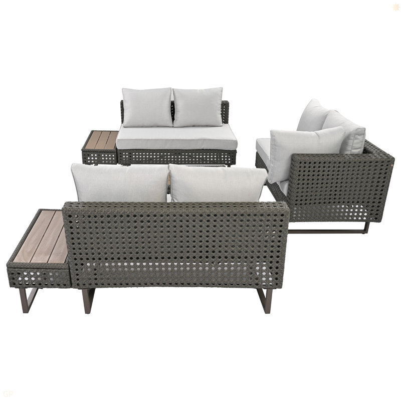 6-Pers Diamond Weave Patio Sectional Furniture Set With Extendable Coffee Table With Ice Bucket, Collapsible Seat,Conversation Set With Side Table And Deep Cushions For Couch, Porch, Backyard