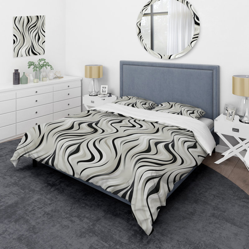 Literie noire et blanche zébrée à élégance monochromatique, Housse de couette simple + 1 taie décorative stan