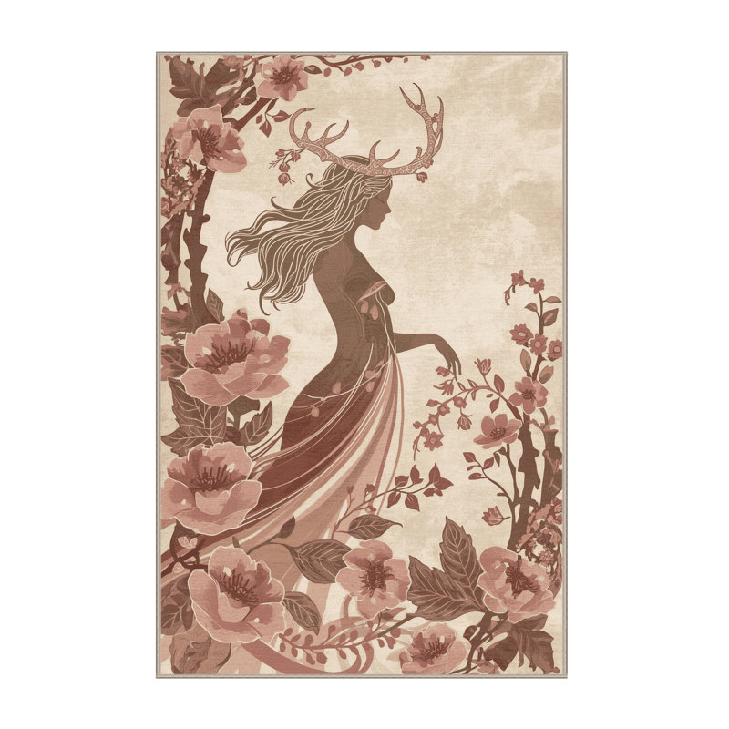 Tapis floral moelleux doux et moelleux à motif de cerfs et de luxe Marvine - beige, 4 x 6