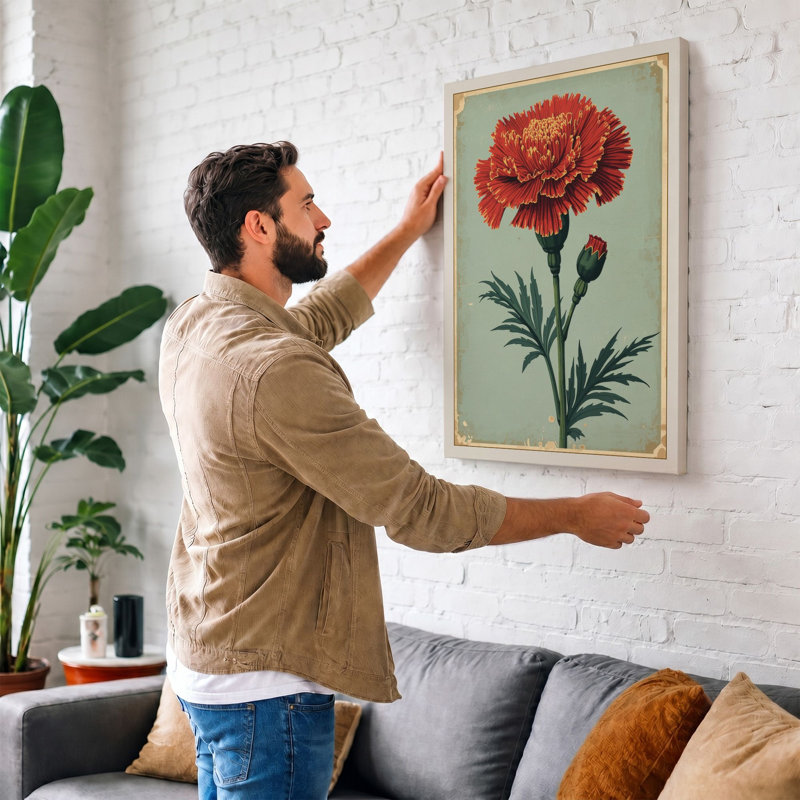 Ruffled Carnation Study Botanical 1 Piece Wrapped Canvas Wall Art, 36x24 - 91.4 x 61.0 cm, Ochre Border