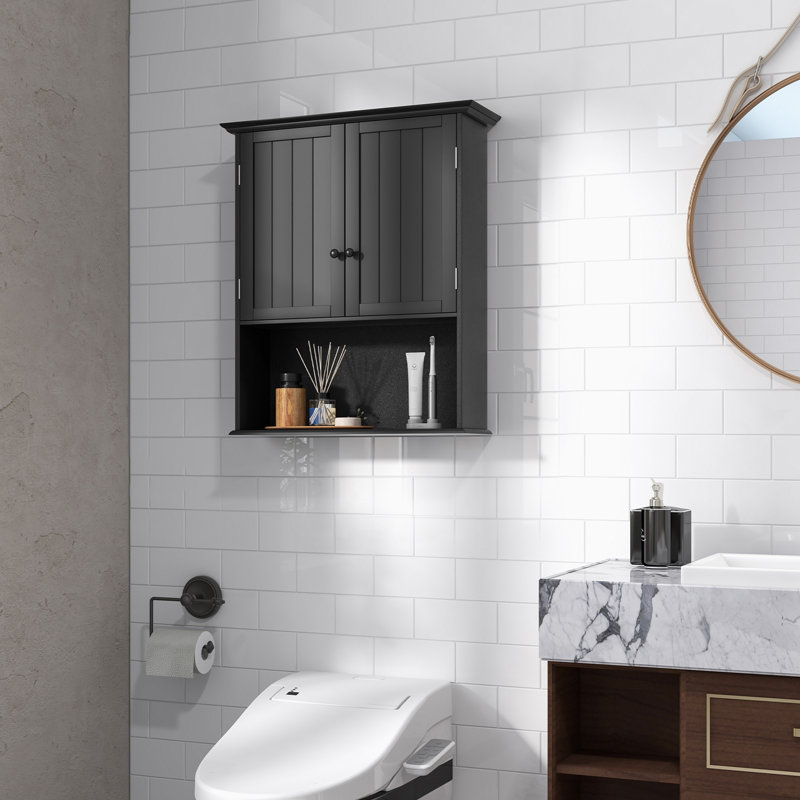 Latitude Run® Wall Mounted Bathroom Cabinet Double Door Medicine Cabinet Kitchen Cupboard W/ Open Compartment & Adjustable Shelf 