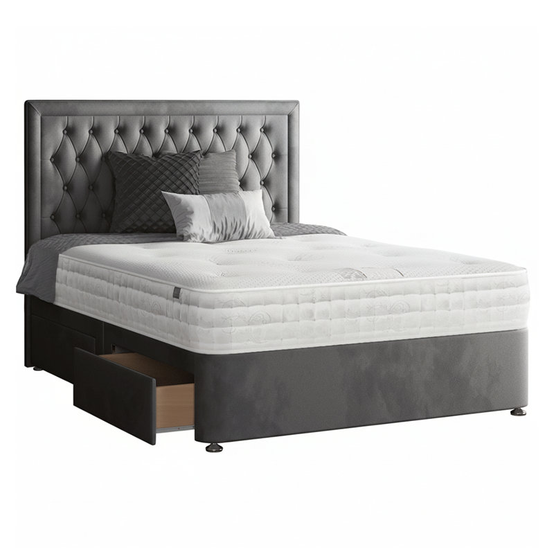 Gallego Upholstered Divan Bed, Single (3'), Grey, 2 Left Drawers