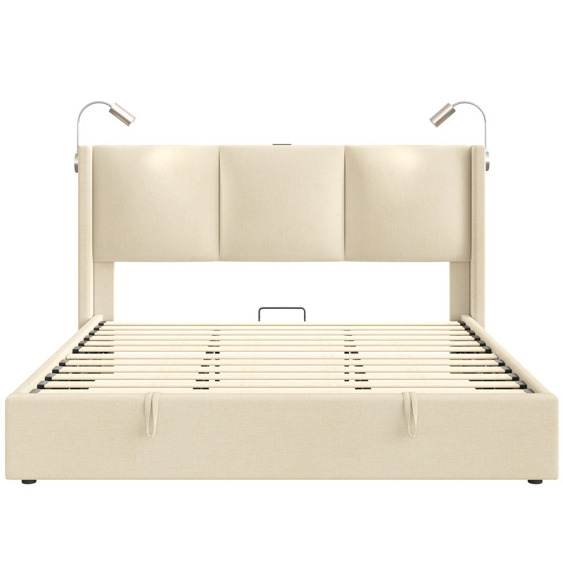 Reman Lift Up Storage Bed with Reading Lights, Linen