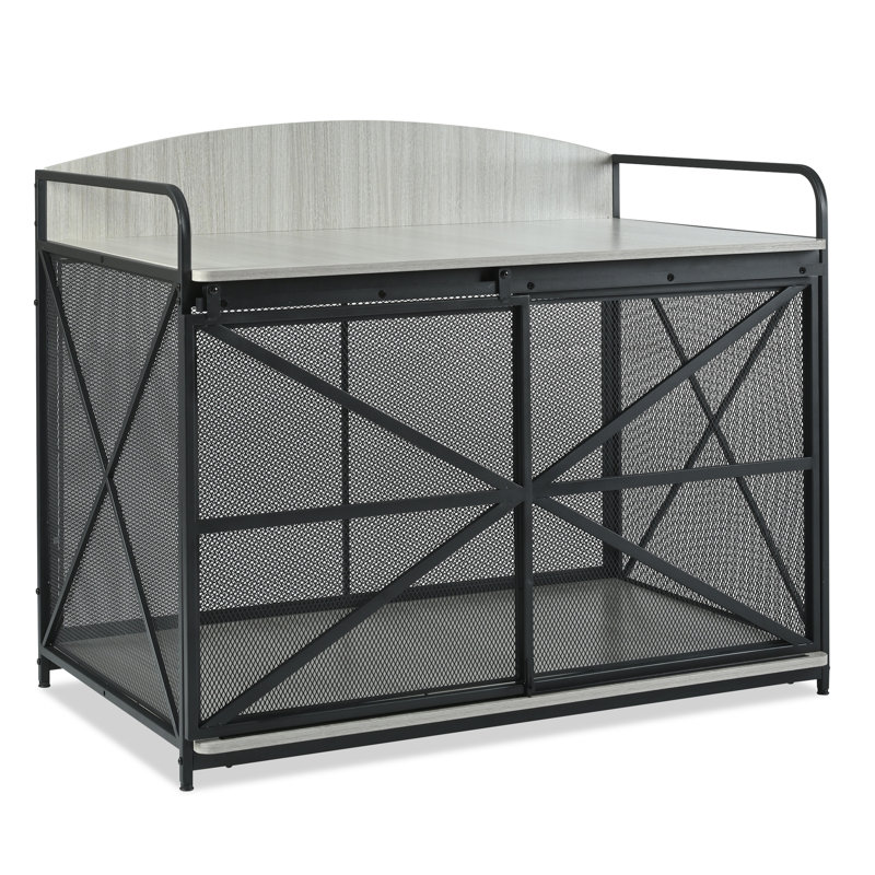 Meuble de caisse pour chien gris en bois gris - grand chenil pour chien moyen à moyen, table de bout intérieure avec rangement et porte coulissante