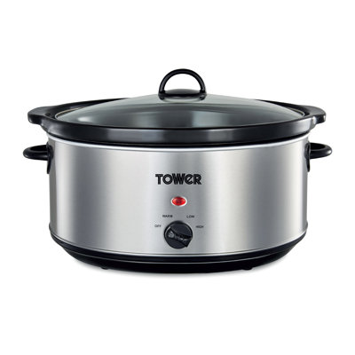 Tower T16040Y Slow Cooker with 3 Heat Settings and Removable Dishwasher Safe Pot, Energy Efficient, Easy to Clean, 6.5 Litre, Stainless Steel