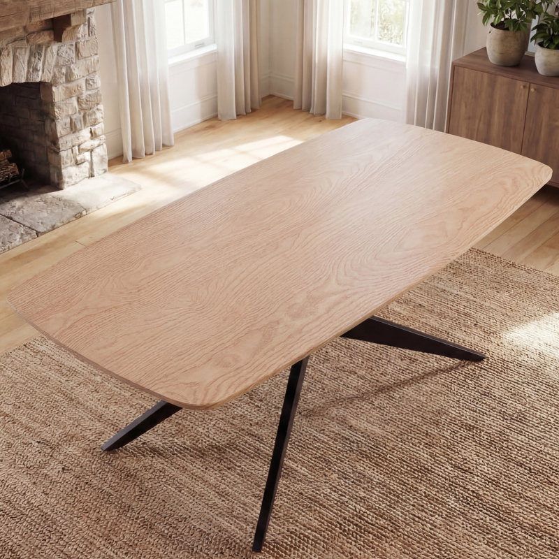 69.3" Rectangle Pedestal Dining Table With Metal Frame For 4-6 People, Natural Wood