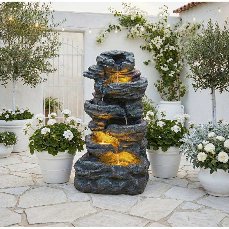 Fontaine cascade 35 niveaux 35 pouces en résine gris froid avec lumières DEL, aspect pierre naturelle