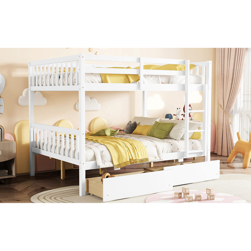 Lit superposé double avec 2 tiroirs, bois d'hévéa blanc détachable, mesure le bois sur les tiroirs blanc, pour lits indépendants, caractéristiques