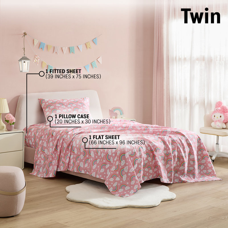 HLC.ME Pink Rainbow Printed Kids Bed Sheets - 3 Piece Patterned Bed Sheet Set - Wrinkle Resistant & Ultra Soft - Fits Mattresses up to 15 Inches Deep - Twin