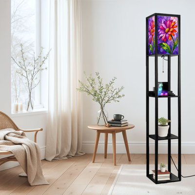 Lampe sur pied à DEL à intensité variable avec impression de vitrail coloré fleur mauve, lampe sur pied en bois aggloméré avec télécommande, 3 lumières de couleur, pour le salon, la chambre à coucher