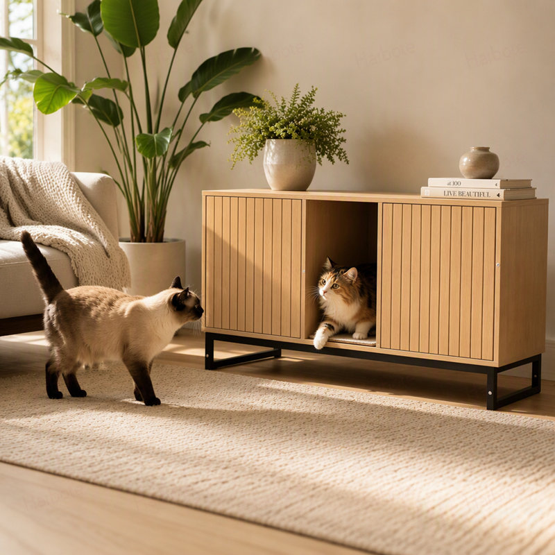 Modern Wooden Cat House with Scratching Mat