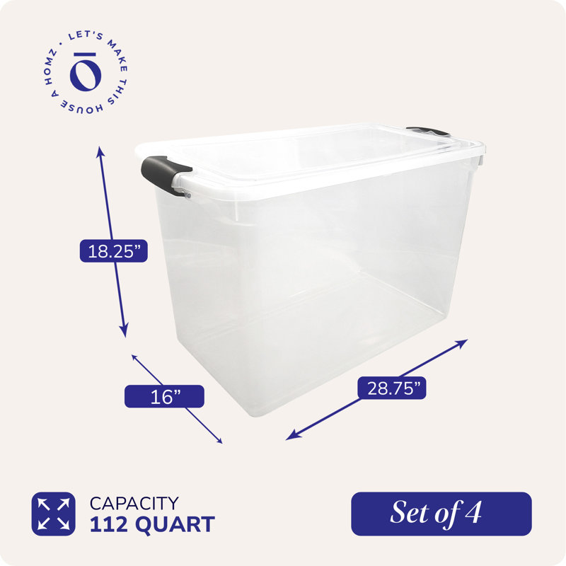 HOMZ 112 Quart Latching Plastic Storage Container, Extra Large, Clear (4 Pack)