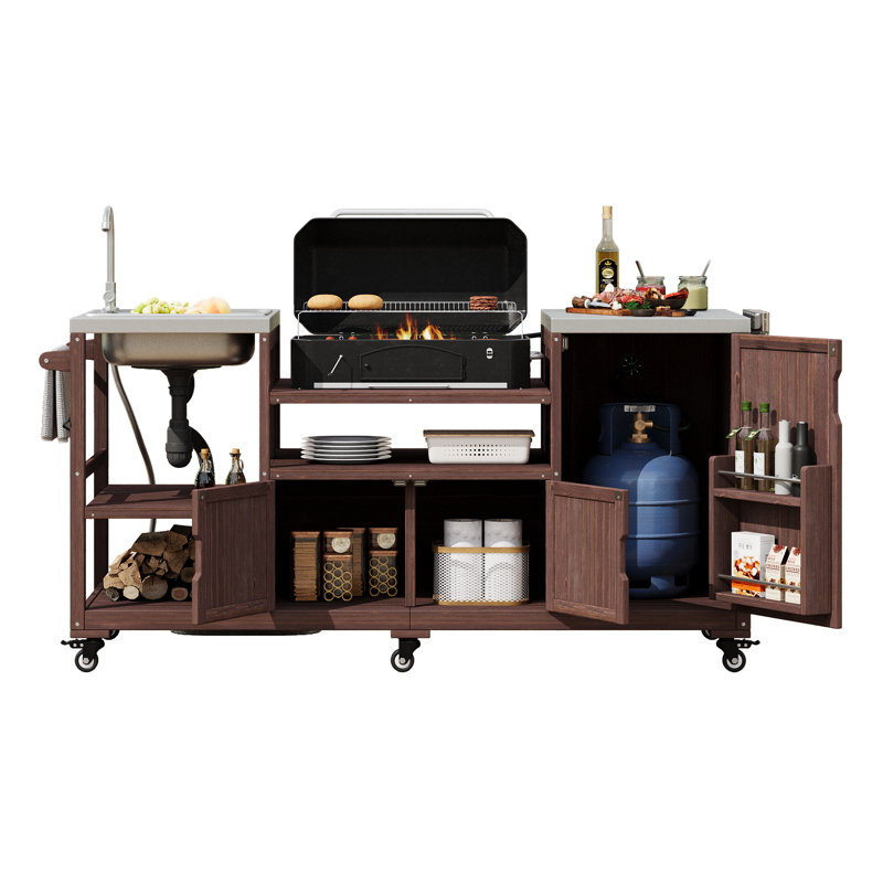 Chariot de cuisine d'extérieur avec évier, table de préparation pour barbecue en bois massif avec rangement pour patio, Brun