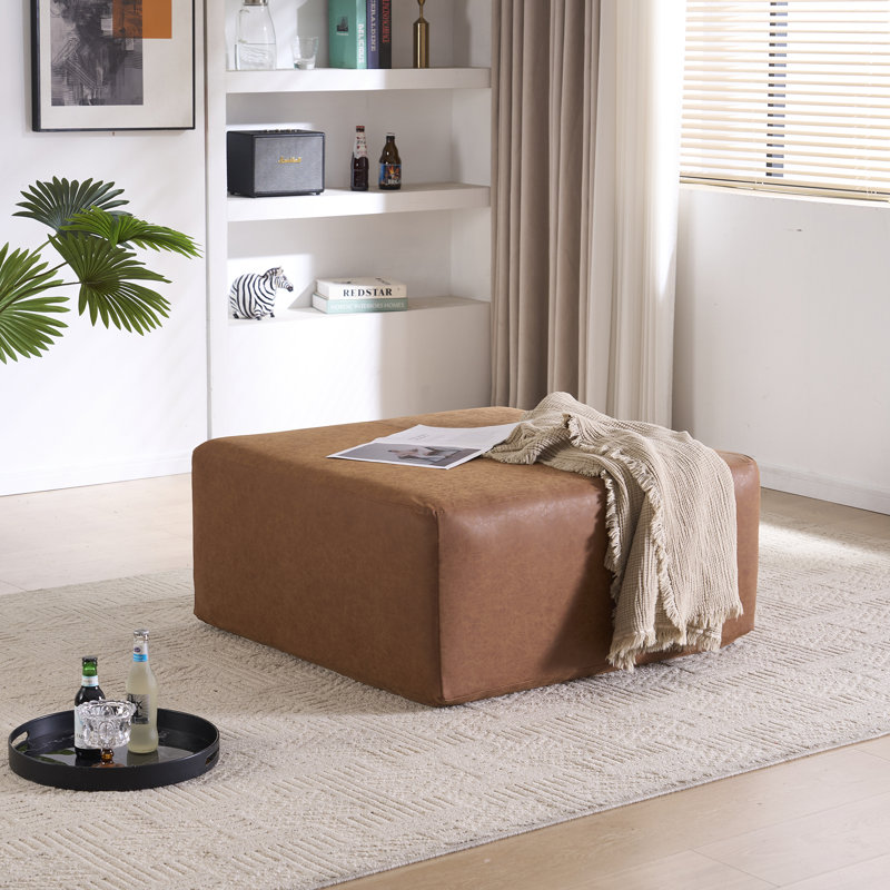 35" Wide Oversized Square Ottoman Coffee Table, Faux Leather Couch Ottoman Large Footstool For Living Room, Brown 