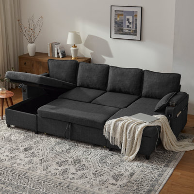 U-shape 2 In 1 Sleeper Sofa Pull-Out Couch With USB Charging, Storage Chaise, Cup Holder For Apartment, Living Room