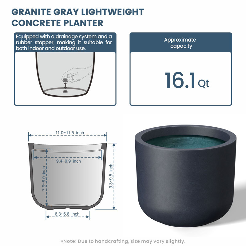 13,5 po Pot à fleurs moyen rond en béton avec trous de drainage, Gris granit (intérieur de qualité supérieure)