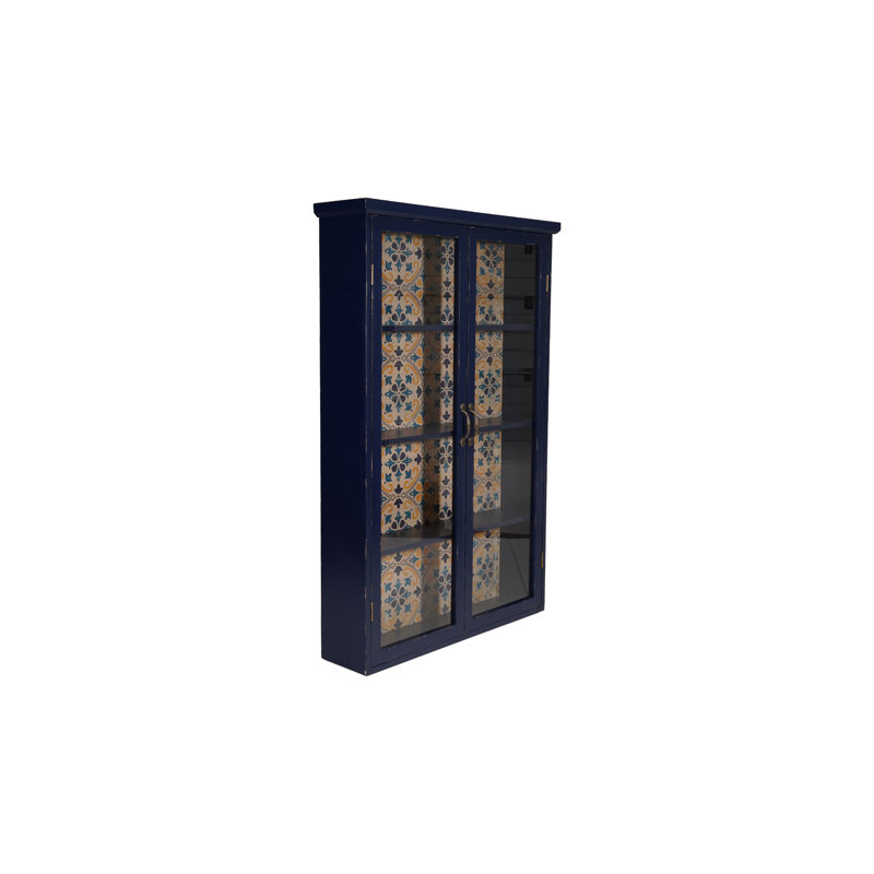 Armoire en bois et verre avec 4 tablettes et dos en papier à motif
