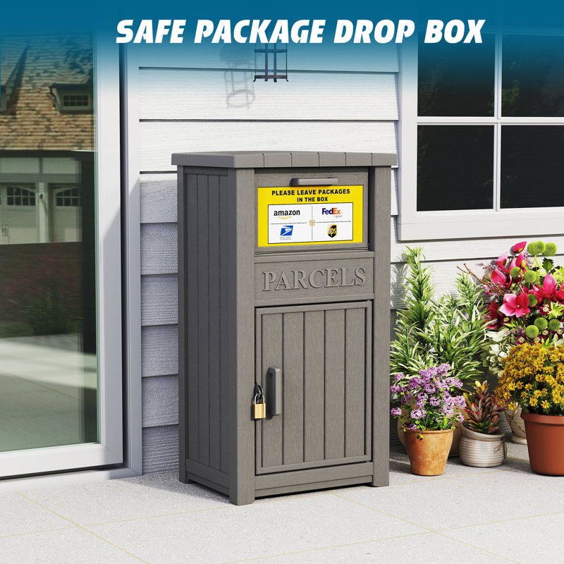 Resin Package Drop Box, Lockable Package Delivery and Outdoor Storage Box, Gray, 43.7" H x 24.2" W x 17.7" D