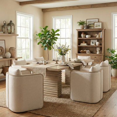 Calder 7-Piece Mid-Century Modern Wood Dining Table Set With Upholstered Arm Chairs