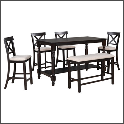 Ensemble de 6 tables de salle à manger à hauteur de comptoir avec 4 chaises et un banc pour la salle à manger (espresso)