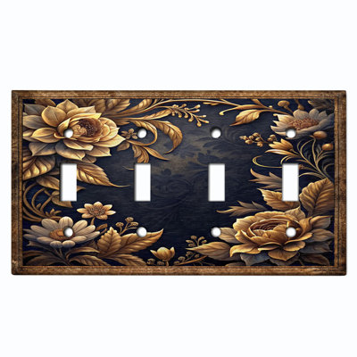 Metal Light Switch Plate Cover; US Standard Size 4 Gang Toggle - Vintage Floral Border Frame