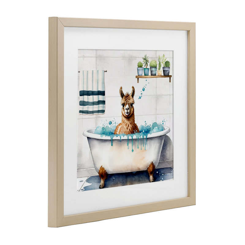 «Suds Alpaca Bathaign», reproduction imprimée sous verre, conception de Kim Allen, H 16 po x l 16 po, Cadre de récolte en pin