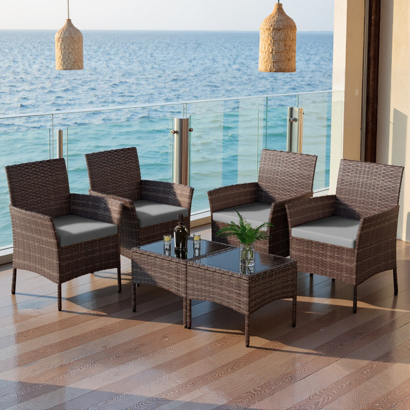 6-Piece Wicker Patio Conversation Set with Cushions — Flexible Mix-and-Match Seating for Small Outdoor Spaces, Brown, Gray