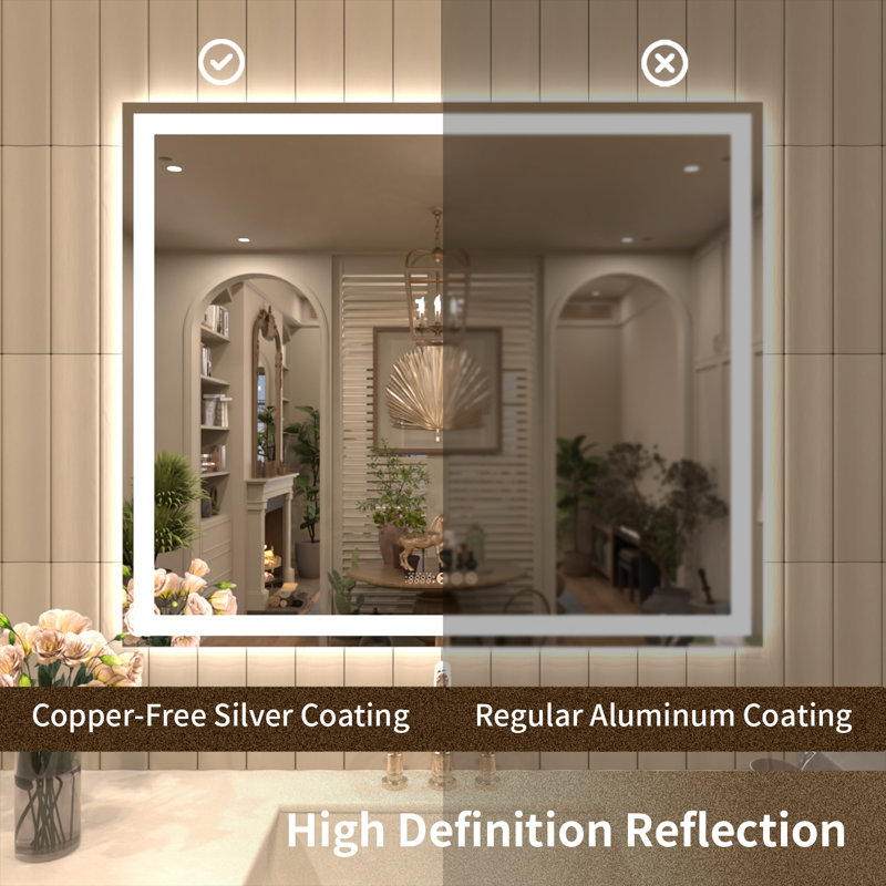 Rectangular Frameless LED Wall Bathroom Vanity Mirror, 36" x 42"