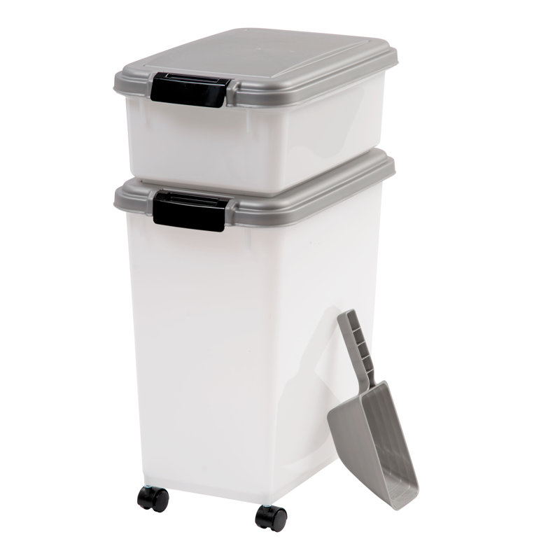 Gray Plastic Airtight Pet Food Storage Container Combo with Scoop and Casters