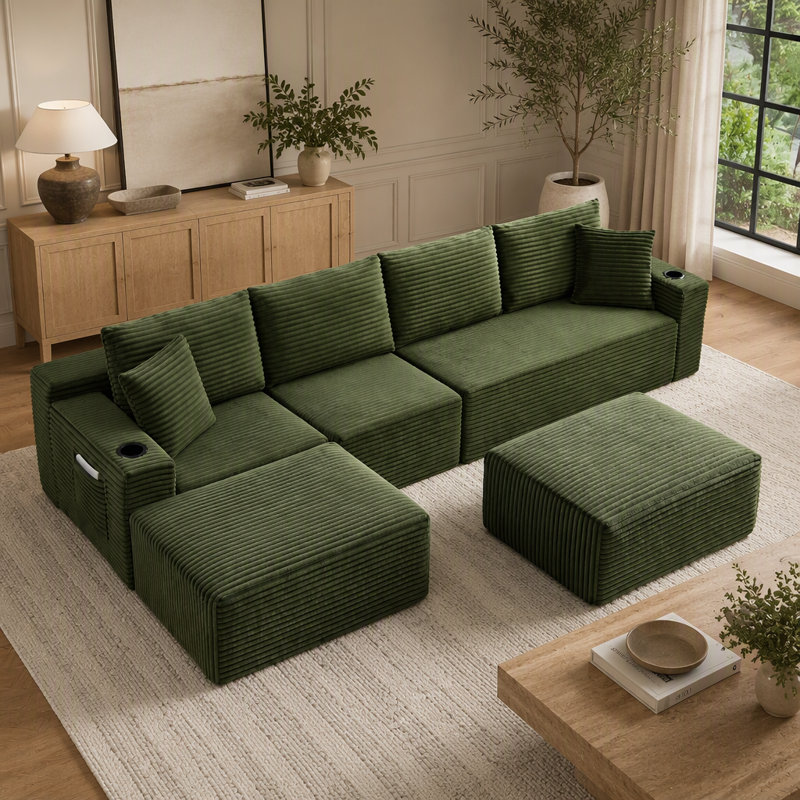 Ensemble de canapé en U en velours côtelé avec 2 repose-pieds et porte-gobelets, Velours côtelé vert, Vert