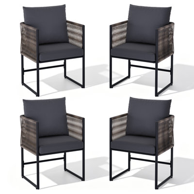 Ensemble de 4 chaises de patio en rotin PE avec coussins amovibles, mobilier d'extérieur toutes saisons à structure en fer pour bistro avec balcon sur le jardin, noir