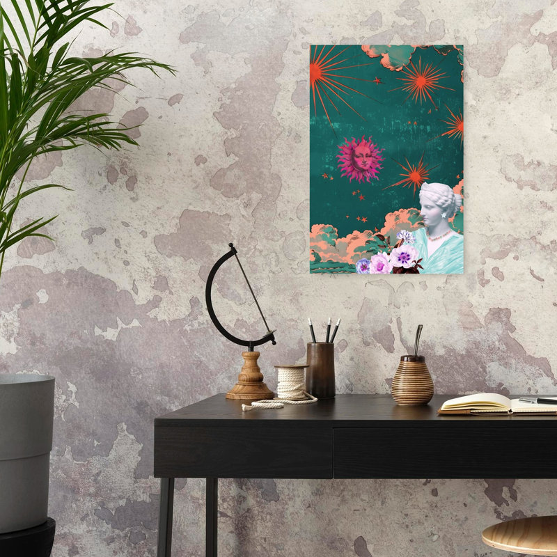 Affiche murale représentant une déesse du soleil dans un paysage floral céleste, onirique et mystique., 24" H x 16" W