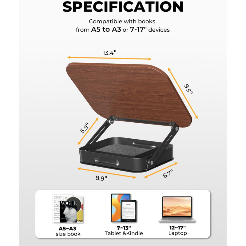 Adjustable Book Stand with Storage - 360° Swivel Base, Height & Angle Adjustable