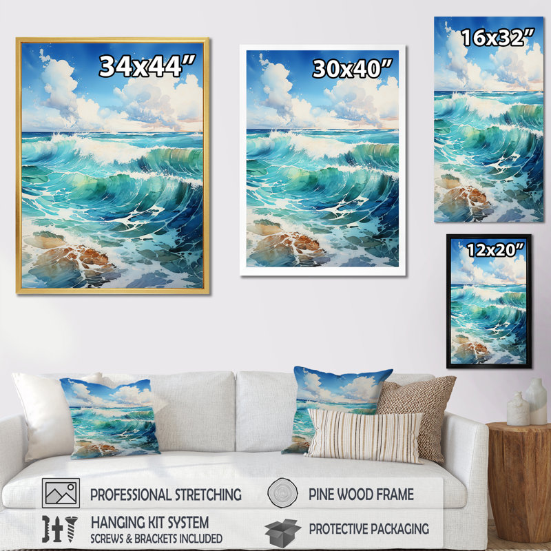 «Tropical Beach Waves Fusion», reproduction sur toile, H 44 po x l 34 po x P 1,5 po, Cadre flottant doré