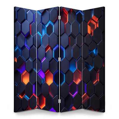4 Panels Folding Screen Room Divider Royal Futuristic Hexagon Neon Glow Blue Red Purple Abstract Canvas Screen Room Separator Freestanding Protective Wall Divider Privacy Partition