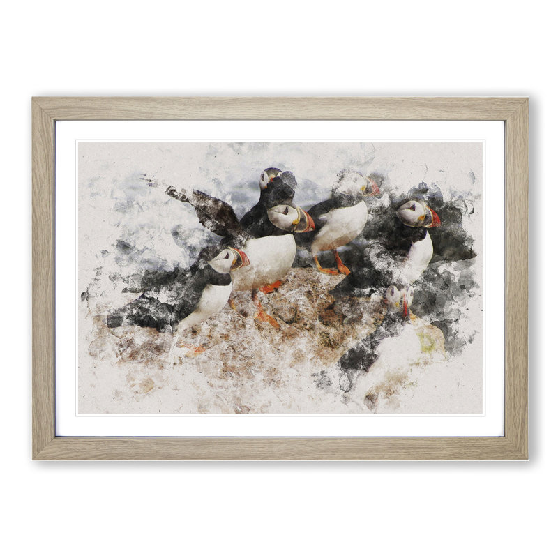 Atlantic Puffin Birds Vol.3 Watercolour - Picture Frame Graphic Art, 48cm H x 65cm W x 2cm D, Oak