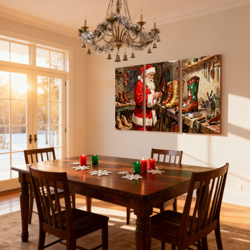 Ensemble de 3 impressions sur toile de Noël, père Noël dans un atelier faisant des bottes, H 24 po x l 48 po