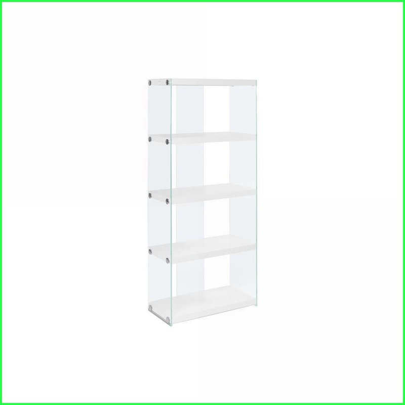 Bibliothèque à 5 niveaux en stratifié blanc brillant moderne avec verre trempé transparent, H 58,75 po | Blanc | Panneau de fibres à densité moyenne